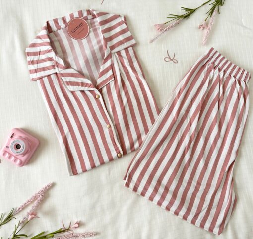 Pyjama Chemise et Short Coton Rose Rayé – Image 1
