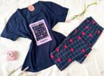 Pyjama Coton Bleu Imprimé Fleurs Rouges