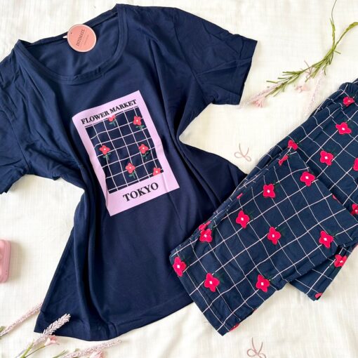 Pyjama Coton Bleu Imprimé Fleurs Rouges