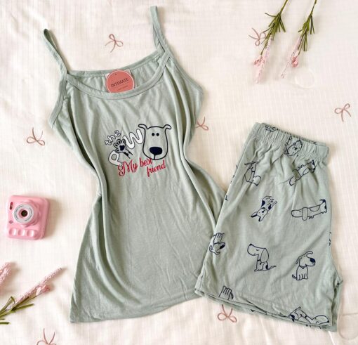 Pyjama Short Coton Vert Doux "The Paw" – Image 1