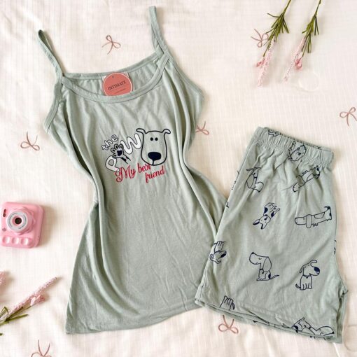 Pyjama Short Coton Vert Doux "The Paw"