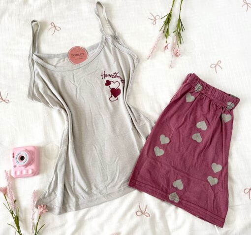 Pyjama Short Coton Rose & Beige Imprimé Cœurs – Image 1