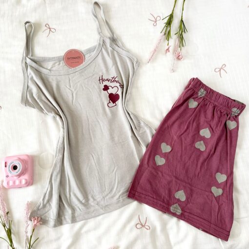 Pyjama Short Coton Rose & Beige Imprimé Cœurs