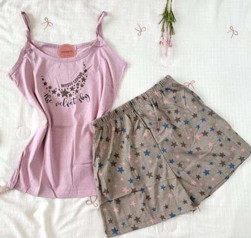Pyjama Short Coton Violet & Beige Imprimé Étoiles – Image 1