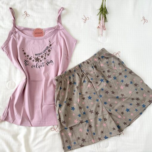 Pyjama Short Coton Violet & Beige Imprimé Étoiles