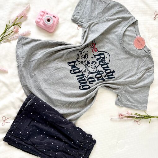 Pyjama Short Demi Manches Coton Gris & Noir "Ready For A Big Hug"