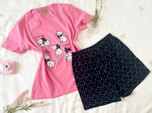 Pyjama Short Demi Manches Coton Noir & Rose "Cute Cat" – Image 1
