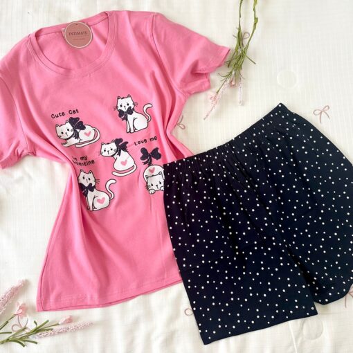 Pyjama Short Demi Manches Coton Noir & Rose "Cute Cat"