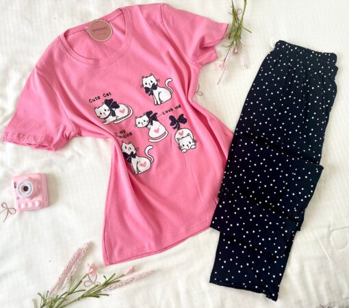 Pyjama Pantalon Coton Noir & Rose "Cute Cat" – Image 1