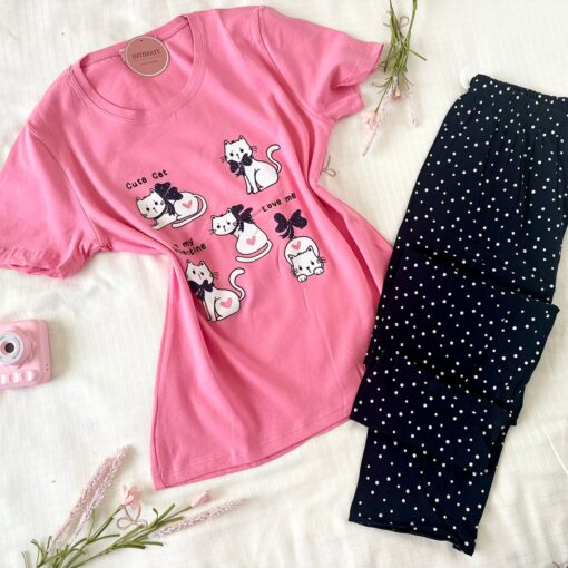 Pyjama Pantalon Coton Noir & Rose "Cute Cat"