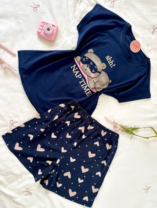 Pyjama Short Demi Manches Coton Bleu Nuit "Nap Time" – Image 1