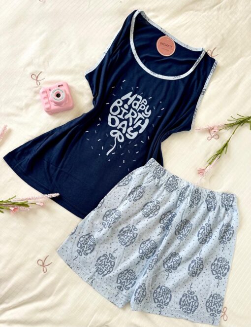 Pyjama Short Coton Bleu "Happy Birthday" – Image 1