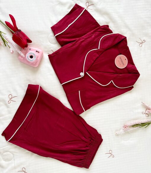 Pyjama Chemise et Short Coton Rouge – Image 1