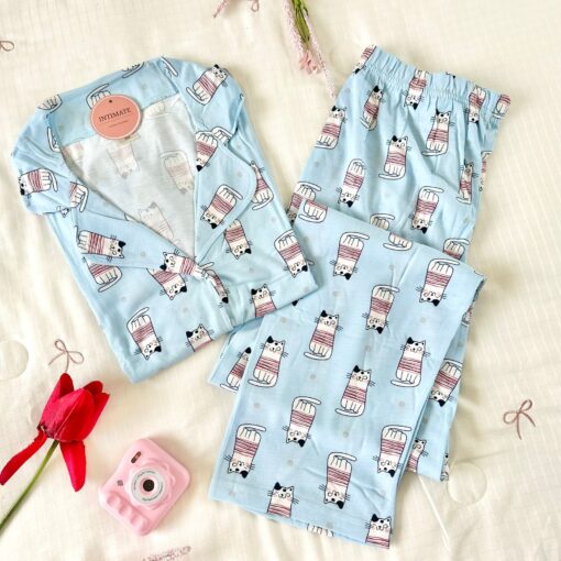 Pyjama Chemise Demi Manches Coton Bleu Ciel Imprimé Chats