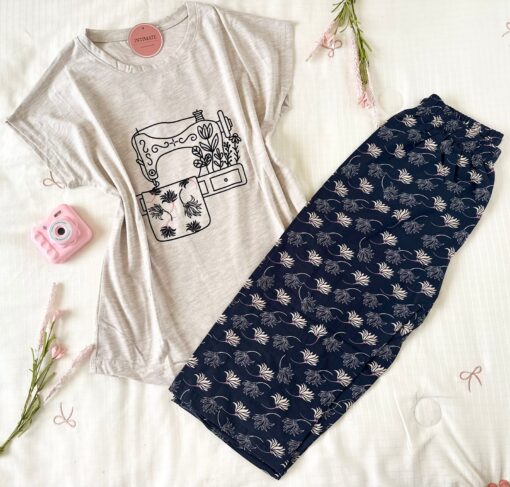 Pyjama Coton Pantacourt Noir & Beige – Image 1