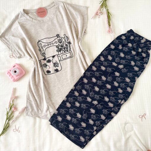 Pyjama Coton Pantacourt Noir & Beige