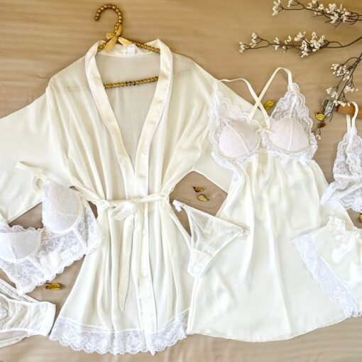 Parure Blanche 7 Pièces Satin De Soie & Dentelle