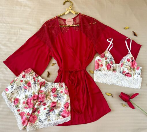 Parure Rouge & Fleuri 3 Pièces Satin De Soie & Dentelle – Image 1