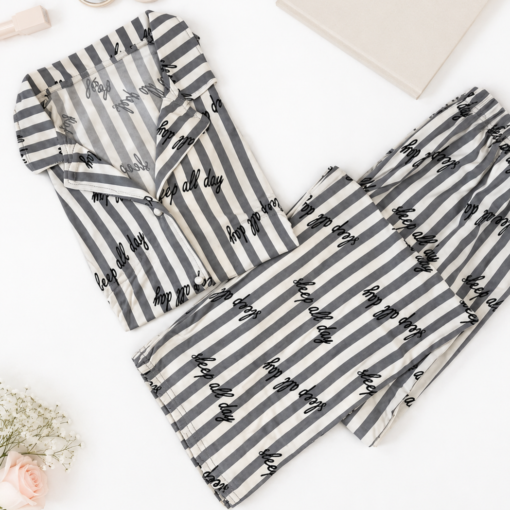 Pyjama Chemise Demi Manches Coton Rayé Gris