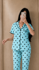 Pyjama Chemise Bleu Ciel Imprimé Cœurs