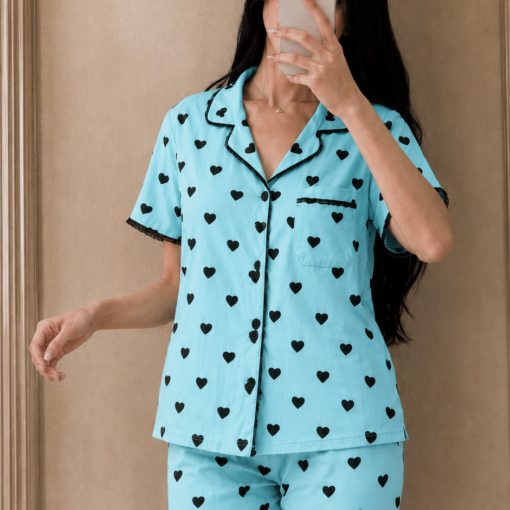 Pyjama Chemise Bleu Ciel Imprimé Cœurs