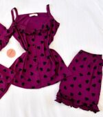 Pyjama 3 Pièces Coton Viscose Violet Pointillé Cœurs Noirs – Image 2