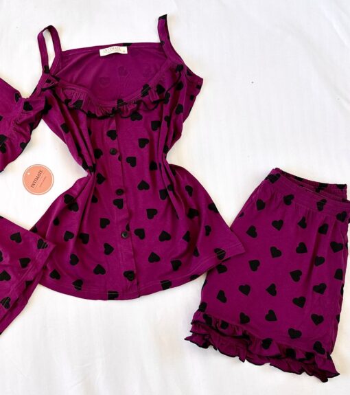 Pyjama 3 Pièces Coton Viscose Violet Pointillé Cœurs Noirs – Image 2