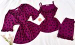 Pyjama 3 Pièces Coton Viscose Violet Pointillé Cœurs Noirs
