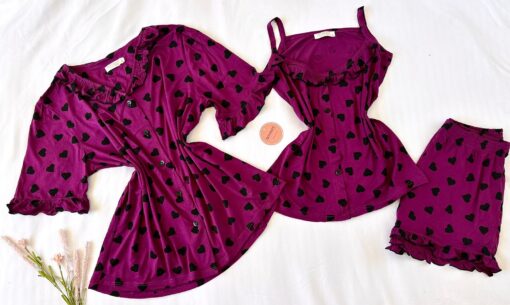 Pyjama 3 Pièces Coton Viscose Violet Pointillé Cœurs Noirs – Image 1