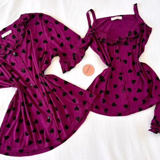 Offre Spéciale : Pyjama 3 Pièces Coton Viscose Violet Pointillé Cœurs Noirs