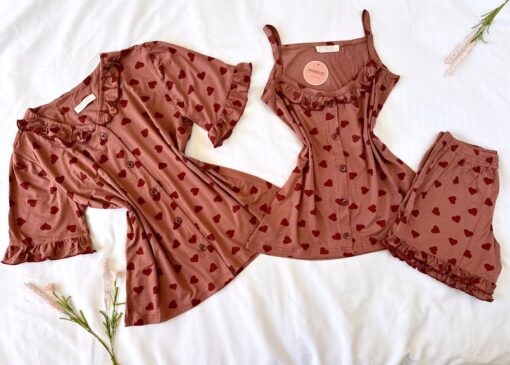 Pyjama 3 Pièces Coton Viscose Rose Nude Pointillé Cœurs – Image 1