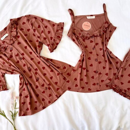 Offre Spéciale : Pyjama 3 Pièces Coton Viscose Rose Nude Pointillé Cœurs