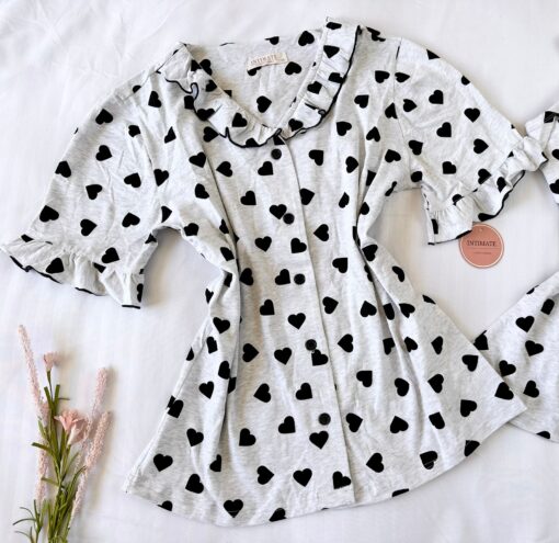 Pyjama3 Pièces Coton Viscose Gris Pointillé Cœurs Noirs – Image 2