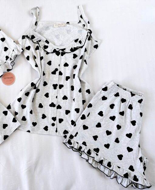 Pyjama3 Pièces Coton Viscose Gris Pointillé Cœurs Noirs – Image 3