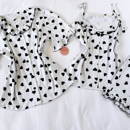 Offre Spéciale : Pyjama3 Pièces Coton Viscose Gris Pointillé Cœurs Noirs