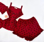 Pyjama3 Pièces Coton Viscose Rouge Pointillé Cœurs Noirs – Image 2