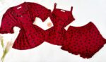 Pyjama3 Pièces Coton Viscose Rouge Pointillé Cœurs Noirs