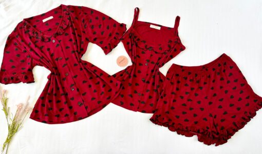 Pyjama3 Pièces Coton Viscose Rouge Pointillé Cœurs Noirs – Image 1