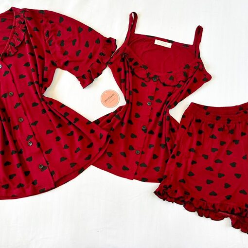 Offre Spéciale : Pyjama3 Pièces Coton Viscose Rouge Pointillé Cœurs Noirs