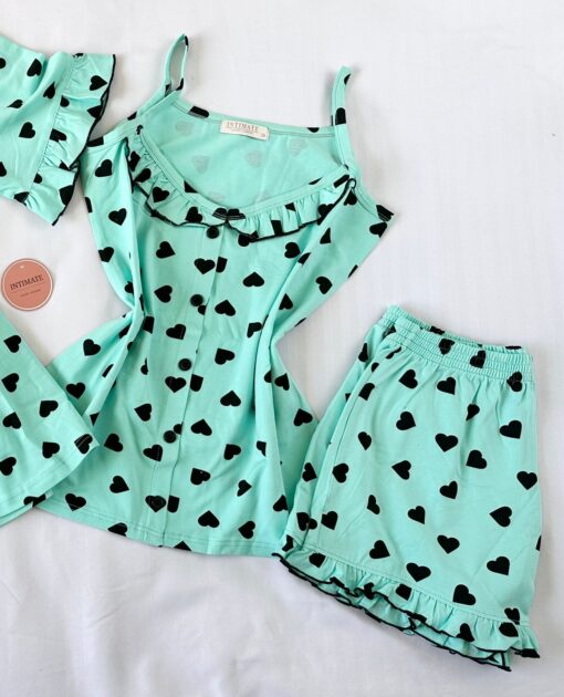 Offre Spéciale : Pyjama 3 Pièces Coton Viscose Vert Doux Pointillé Cœurs Noirs – Image 2