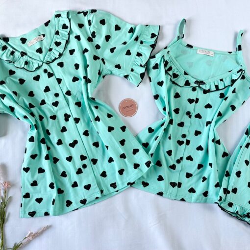 Offre Spéciale : Pyjama 3 Pièces Coton Viscose Vert Doux Pointillé Cœurs Noirs