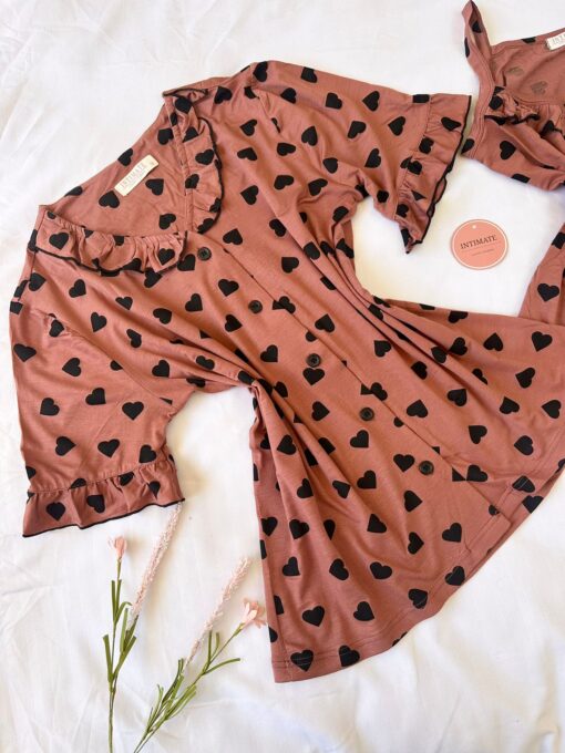 Pyjama 3 Pièces Coton Viscose Camel Pointillé Cœurs Noirs – Image 2
