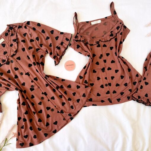 Pyjama 3 Pièces Coton Viscose Camel Pointillé Cœurs Noirs