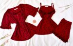 Pyjama 3 Pièces Coton Viscose Rouge Bordeaux Pointillé Fleurs Noires