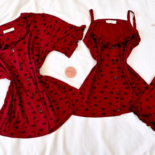 Offre Spéciale : Pyjama 3 Pièces Coton Viscose Rouge Bordeaux Pointillé Fleurs Noires