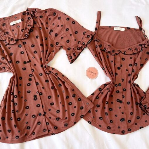 Offre Spéciale : Pyjama 3 Pièces Coton Viscose Nude Pointillé Fleurs Noires