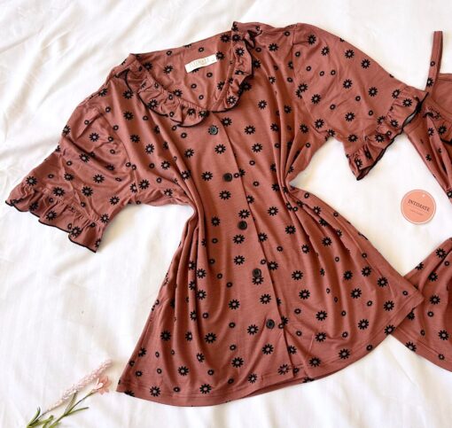 Pyjama 3 Pièces Coton Viscose Nude Pointillé Fleurs Noires – Image 2