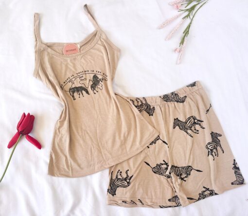 Pyjama Short Coton Beige Imprimé Zèbre – Image 1