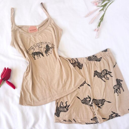 Pyjama Short Coton Beige Imprimé Zèbre