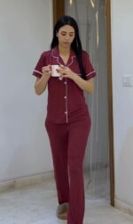 Pyjama Chemise Demi Manches Coton Rouge Pointillé en Blanc – Image 2